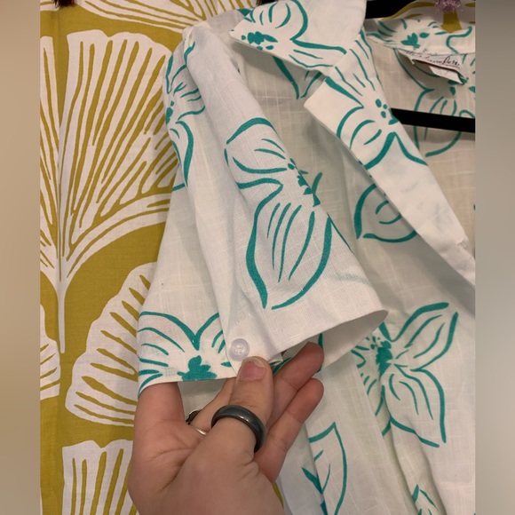 Vtg 70s White and Teal Button Up Dress - Picture 6 of 7